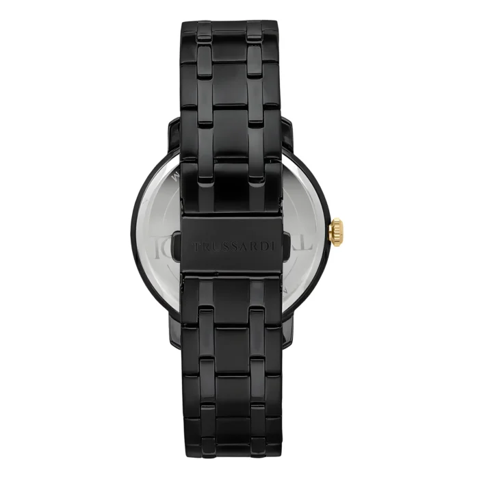 Black Trussardi watch featuring a sleek chain link band and gold accent on the crown, showcasing a minimalist style.