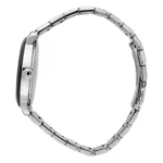 A sleek silver watch with a shiny metal band, showcasing its elegant side profile and round case design.