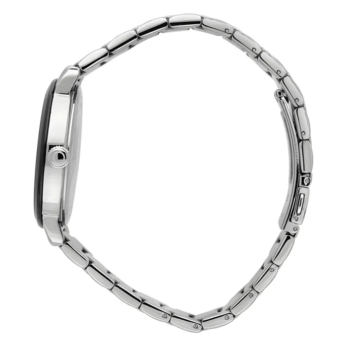 A sleek silver watch with a shiny metal band, showcasing its elegant side profile and round case design.