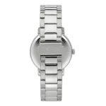 Back view of a sleek silver Trussardi wristwatch with a polished metal bracelet and engraved logo on the clasp.