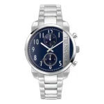 Silver Trussardi watch with a blue chronograph dial, featuring three sub-dials and a stainless steel bracelet.