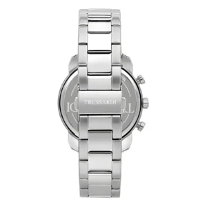 Silver stainless steel watch with Trussardi branding and a sleek, modern design, showcasing a polished metallic finish.