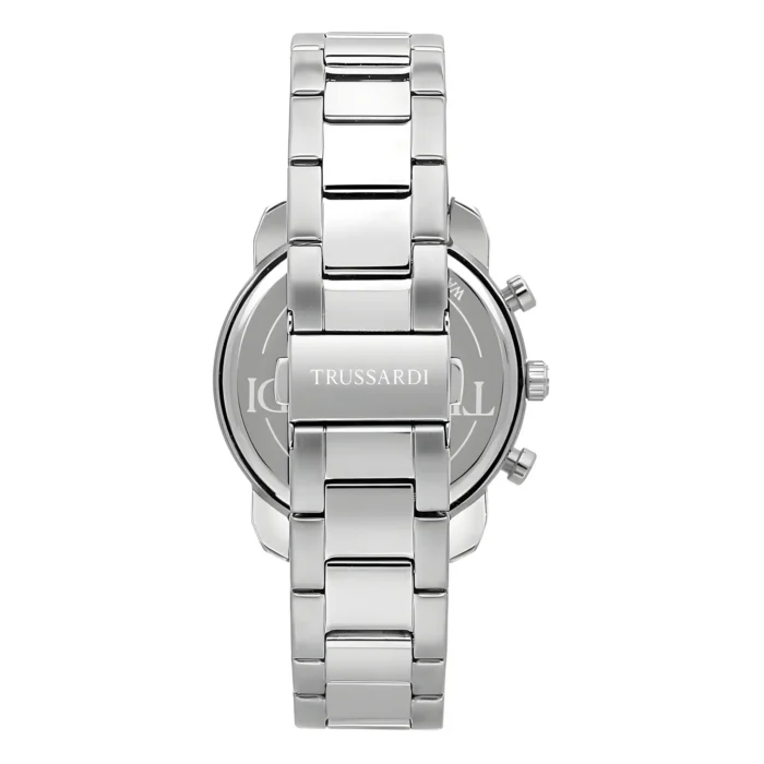 Silver stainless steel watch with Trussardi branding and a sleek, modern design, showcasing a polished metallic finish.