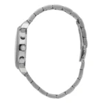 Profile view of a sleek silver stainless steel watch with a polished finish.