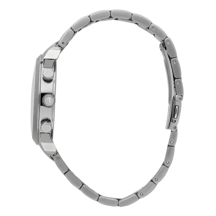 Profile view of a sleek silver stainless steel watch with a polished finish.