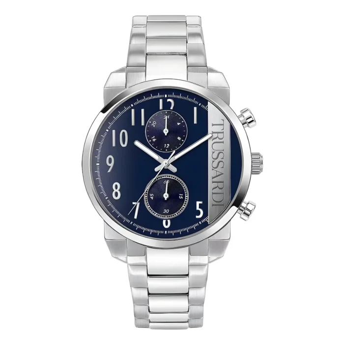 Silver Trussardi watch with a blue chronograph dial, featuring three sub-dials and a stainless steel bracelet.