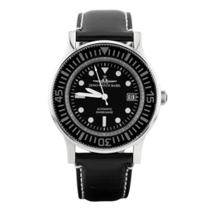 Black leather strap watch with a stainless steel case, black dial, luminous markers, and Swiss automatic movement.