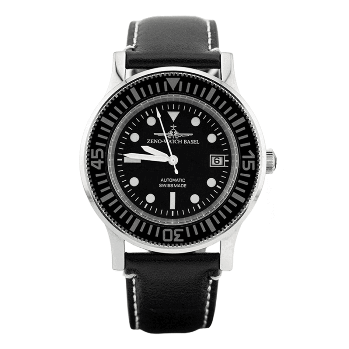 Black leather strap watch with a stainless steel case, black dial, luminous markers, and Swiss automatic movement.
