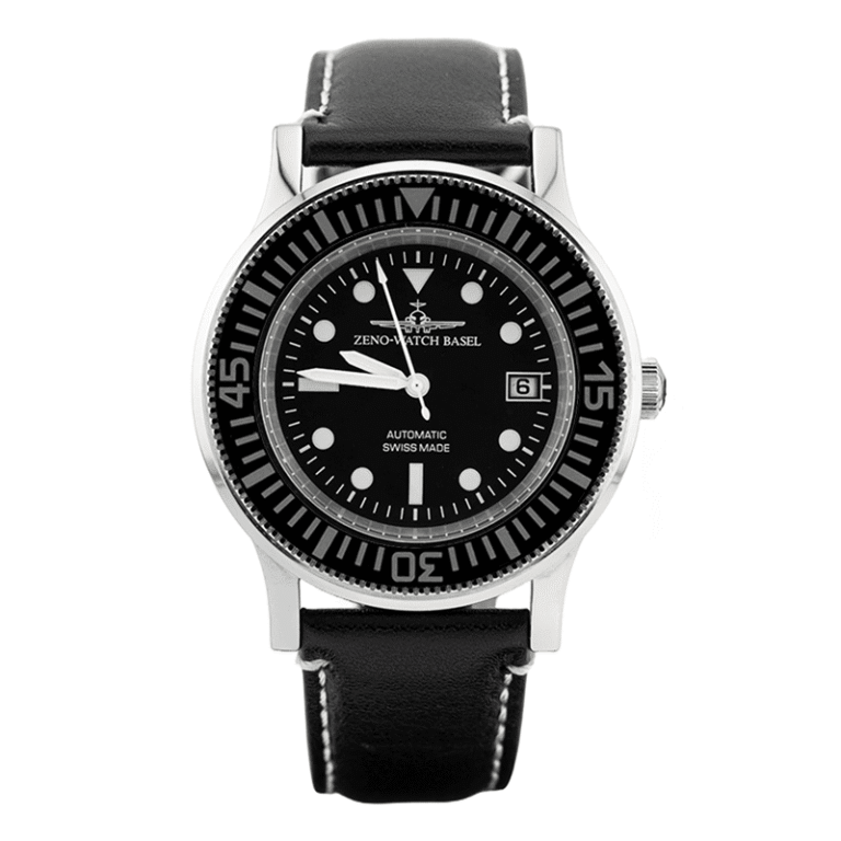 Black leather strap watch with a stainless steel case, black dial, luminous markers, and Swiss automatic movement.