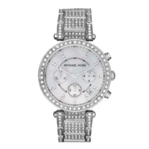 Luxury Michael Kors watch with a sparkling silver bracelet and a shimmering mother-of-pearl face featuring chronograph functionality.