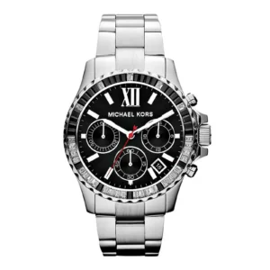 Silver Michael Kors chronograph watch with a black dial, diamond bezel, and sleek bracelet. Features Roman numeral XII and date display.