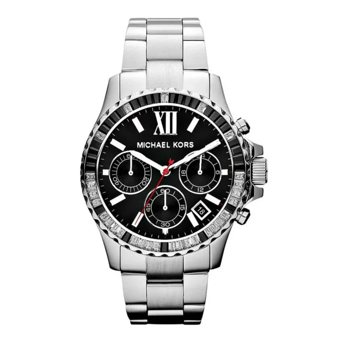 Silver Michael Kors chronograph watch with a black dial, diamond bezel, and sleek bracelet. Features Roman numeral XII and date display.