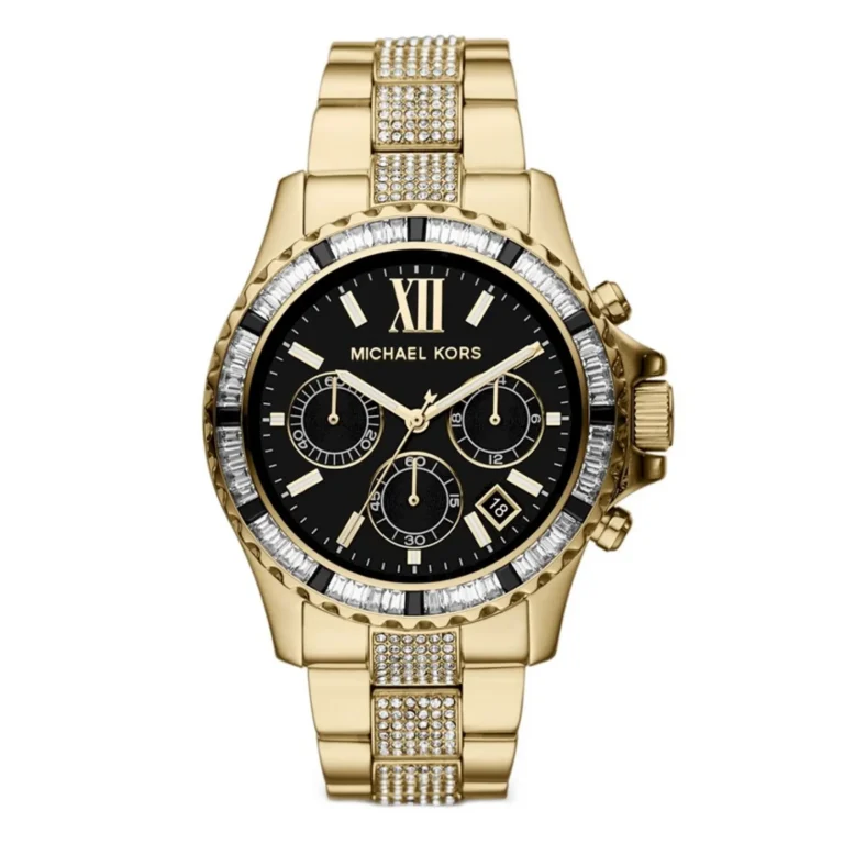 A luxurious gold Michael Kors watch featuring a black face, crystal accents, and chronograph functions. Elegant and stylish design.
