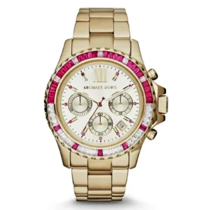 Gold Michael Kors watch with a pink and white jeweled bezel, white face, three sub-dials, and a date display. Elegant and stylish design.