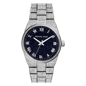 A glamorous Michael Kors watch featuring a dark blue sparkling dial, silver Roman numerals, and a sparkling stone-encrusted band.