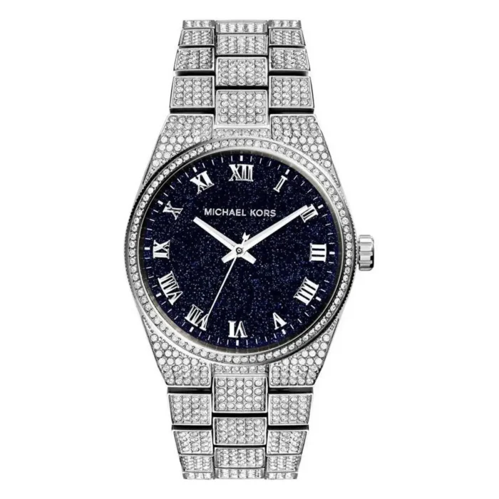 A glamorous Michael Kors watch featuring a dark blue sparkling dial, silver Roman numerals, and a sparkling stone-encrusted band.
