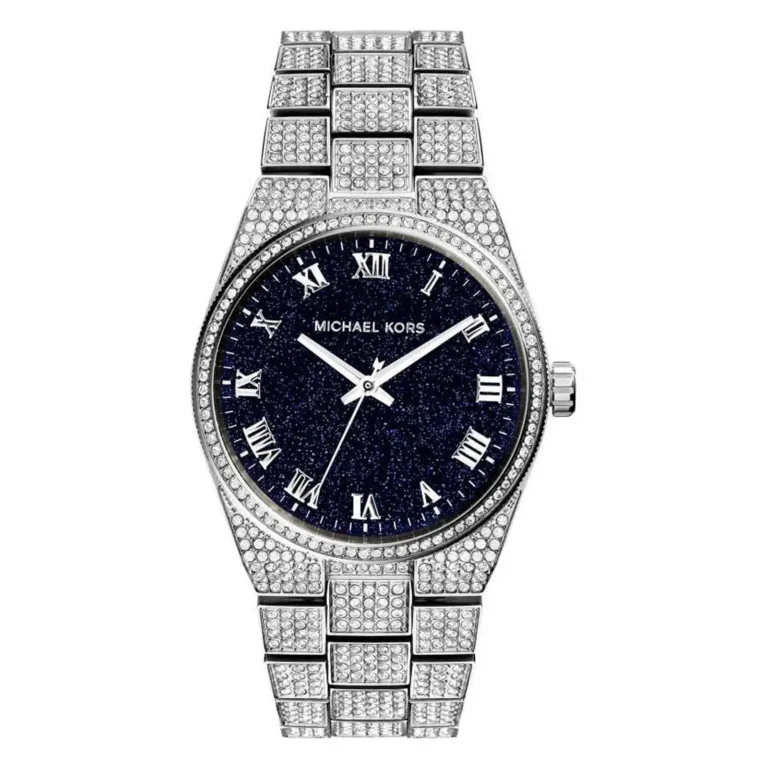 A glamorous Michael Kors watch featuring a dark blue sparkling dial, silver Roman numerals, and a sparkling stone-encrusted band.