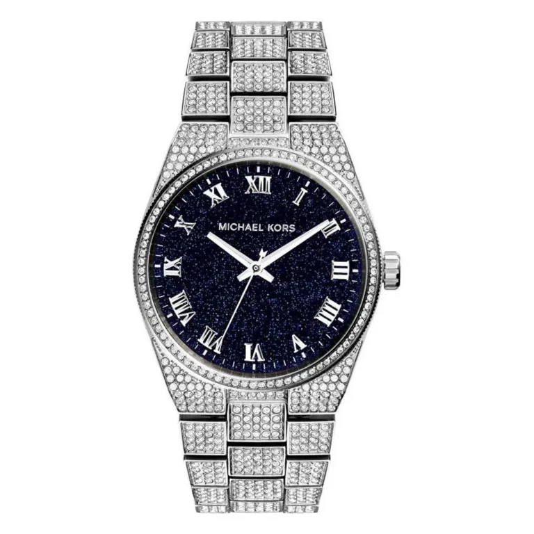 A glamorous Michael Kors watch featuring a dark blue sparkling dial, silver Roman numerals, and a sparkling stone-encrusted band.