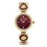 Gold-tone Police women's watch featuring a circular burgundy dial and decorative rose emblems on the bracelet links against a white background.