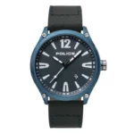 Close-up of a Police brand analog wristwatch featuring a blue bezel, dark blue dial with white markers, and a black leather strap.
