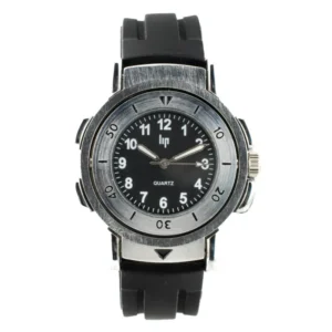 A quartz wristwatch with a black face, luminous hands, and numbers, housed in a metallic case with a black rubber strap.