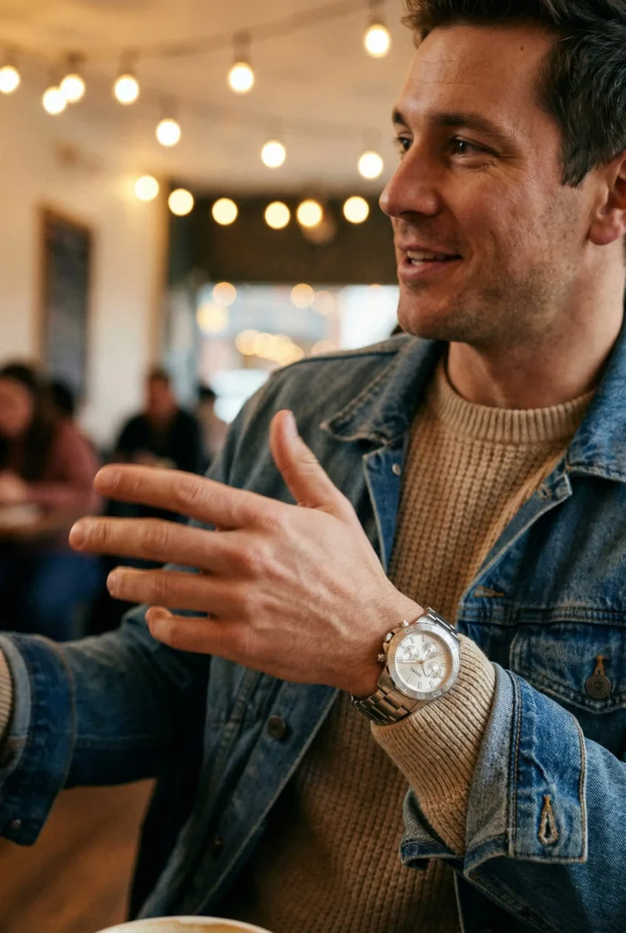A man wearing a denim jacket and beige sweater gestures expressively in a cozy café. His watch is prominently displayed. The atmosphere is warm and lively.