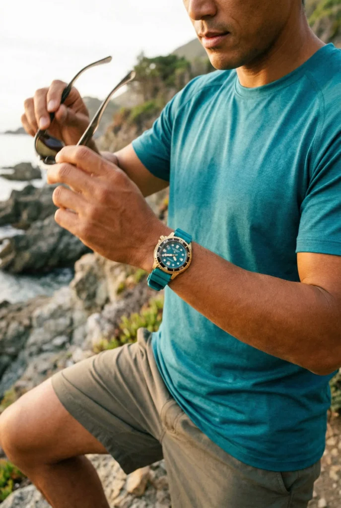 Man in a teal shirt and shorts holds sunglasses by rocky coastline. Wears teal watch with a large dial. Warm lighting suggests a calm, relaxed mood.