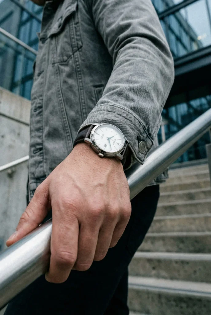 A person in a gray denim jacket leans on a metal railing, showing a silver watch with a brown leather strap. Background features steps and glass building.