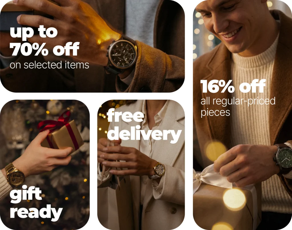Collage of a holiday watch sale promoting discounts up to 70% and free delivery. Images show hands wearing watches, holding gifts, suggesting a festive mood.