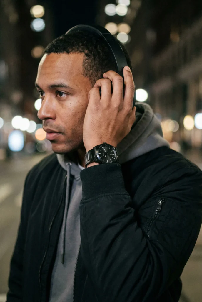 A person wearing a black jacket and headphones stands on a city street at night. The background is blurred with streetlights, creating a focused yet serene mood.