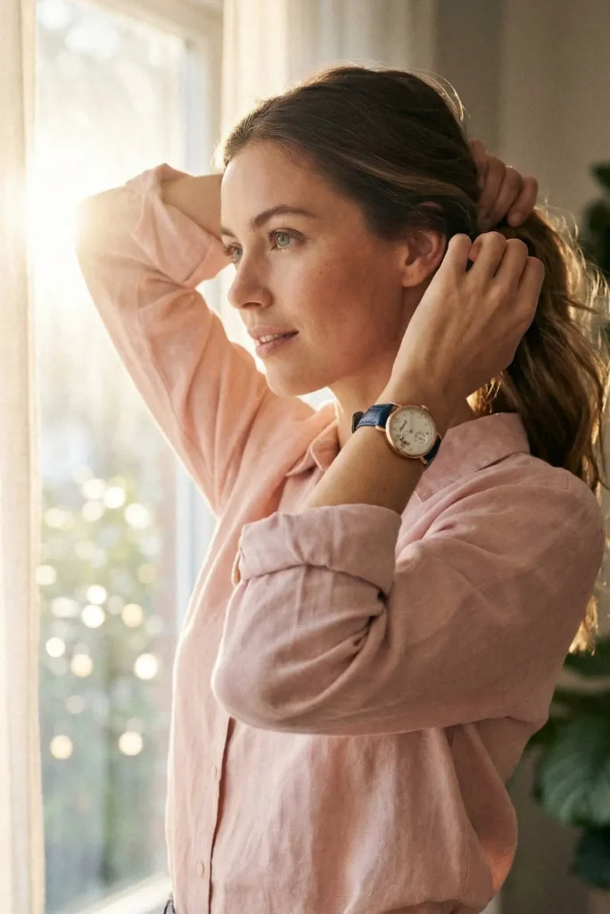 A woman in a pink blouse stands by a sunlit window, adjusting her hair. She wears a watch, exuding a calm, reflective mood as warm light fills the room.