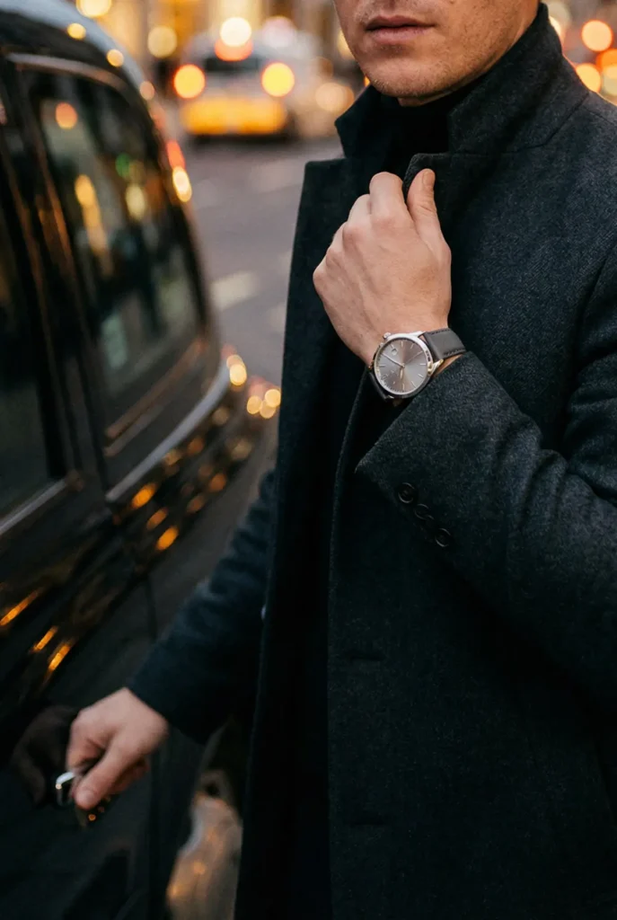 A person in a dark coat stands by a car, holding the lapel and displaying a sleek watch. The blurred city lights suggest a stylish, urban setting.