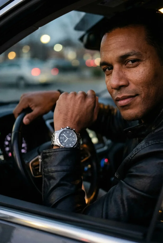Man in leather jacket sits in a car, confidently resting his wrist on the steering wheel. His watch is prominent, and city lights glow outside.