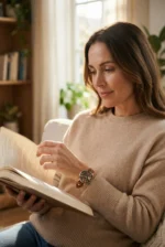 A woman in a cozy beige sweater reads a large book on a sofa, with soft natural light and plants in the background, conveying a peaceful, thoughtful mood.