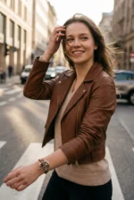 Young woman in a brown leather jacket smiles while walking across a city street. Her hair flows in the wind, conveying a carefree and joyful mood.
