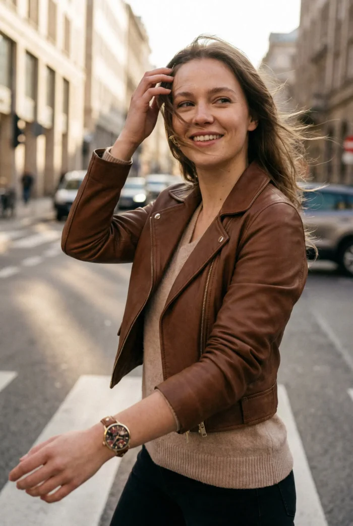 Young woman in a brown leather jacket smiles while walking across a city street. Her hair flows in the wind, conveying a carefree and joyful mood.