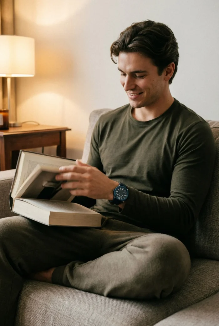 A man in a green shirt sits cross-legged on a couch, smiling as he flips through a large book. A warm lamp glows on a wooden table beside him.