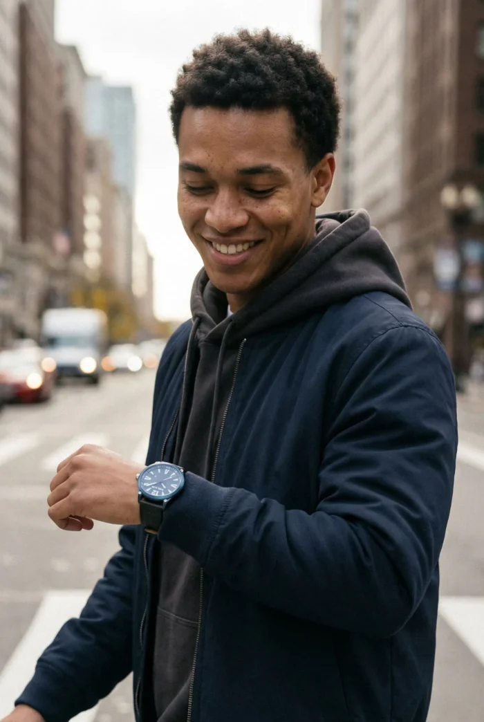 Smiling young man with short hair glances at his watch on a city street. He wears a dark jacket and hoodie, with blurred traffic in the background.