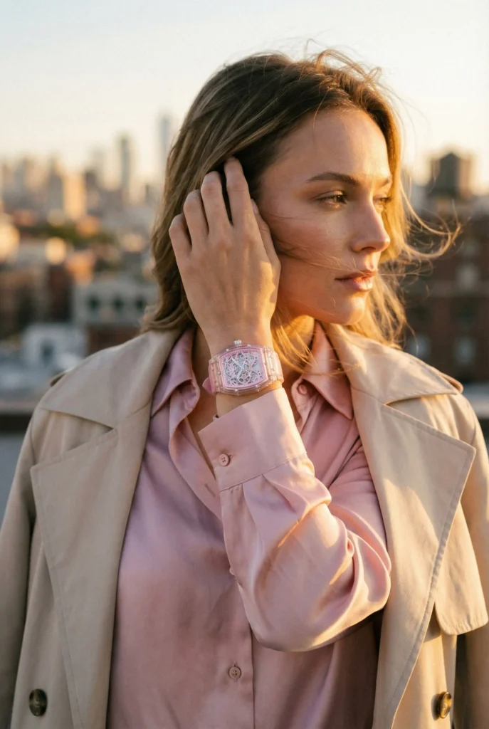 A woman in a beige trench coat and pink blouse gazes to the side, wearing a pink watch. The warm sunset light creates a serene mood, with a cityscape blurred in the background.