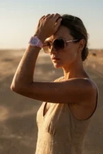 A woman in a sandy desert landscape wears sunglasses and a pink watch, shielding her face with her hand. The scene conveys calmness and warmth.
