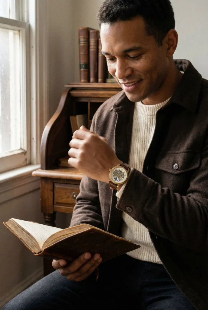 A man in a cozy room sits by a window, smiling while reading a book. He wears a brown jacket and a stylish watch, creating a warm, relaxed atmosphere.