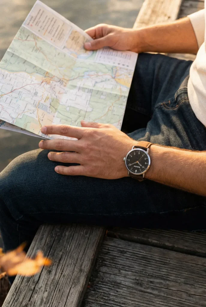 A person sits on a wooden bench by the water, holding a map. They wear a black watch and jeans, suggesting a relaxed, contemplative moment outdoors.