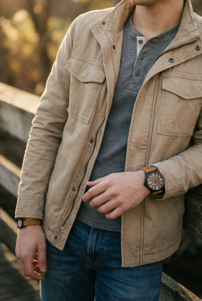 A person wearing a beige jacket and blue jeans, showcasing a large, dark wristwatch. The scene conveys a casual and stylish tone.