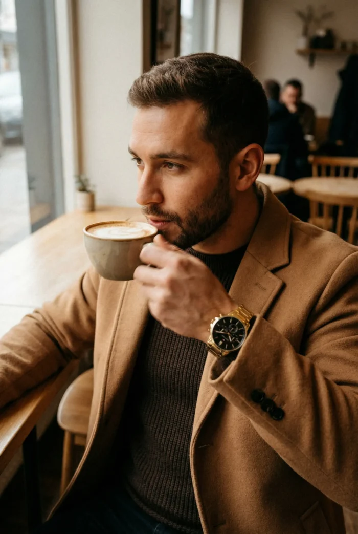 A man in a tan coat and dark sweater sits at a cafe table, sipping coffee from a mug. He looks thoughtful, with natural light from a window.
