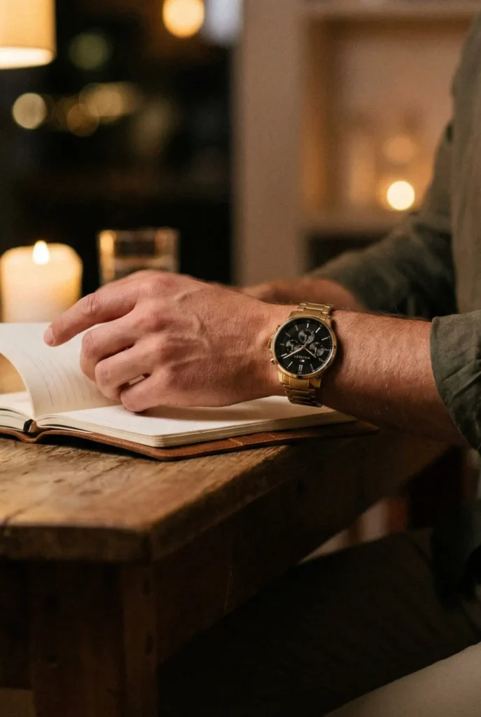 A person wearing a gold watch reads a book at a wooden table, surrounded by warm candlelight, creating a cozy, contemplative atmosphere.