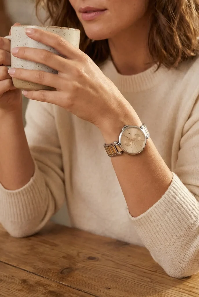 A woman in a beige sweater holds a speckled ceramic mug. She wears a silver watch with a round face, resting her elbows on a wooden table, creating a cozy and relaxed atmosphere.