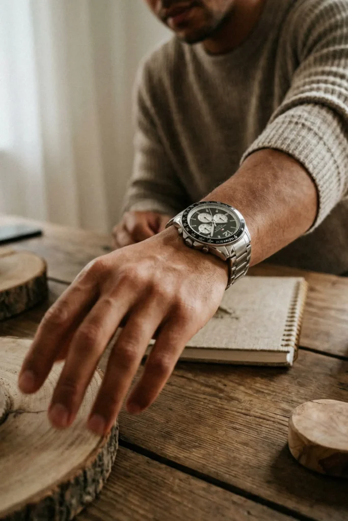 Man in a beige sweater rests his hand on a table, showcasing a stainless steel watch. He appears contemplative, with a notebook nearby on the wooden surface.