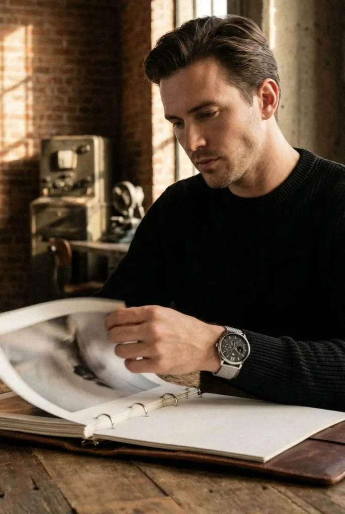 A person in a black sweater looks through a photo album on a rustic wooden table. They wear a stylish watch, conveying a sense of nostalgia and contemplation.