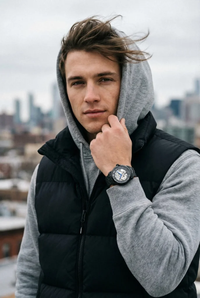A person wearing a black puffer vest over a gray hoodie stands with a thoughtful pose, hand on chin. They sport a large black watch. Urban background blurred.