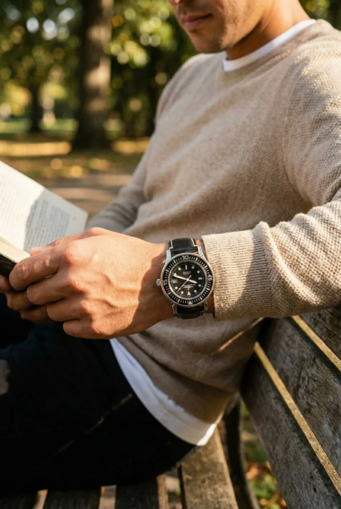 A man in a beige sweater sits on a park bench, holding an open book. He wears a black watch, with sunlight filtering through trees, creating a serene atmosphere.